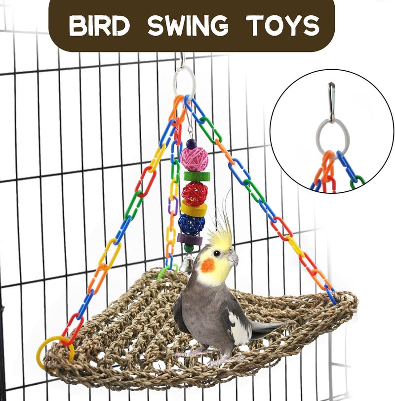 MUYG Bird Swing Toys,Parakeet Seagrass Mat,Edible Triangle Seagrass Hammock with Color Toys Handmade Woven Natural Grass Net Hanging on Parrot Cage for Budgies Lovebird Canary Cockatiel Finch Hamster - Image 3